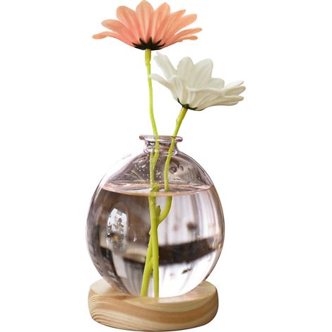 Handgefertigte Vase – „Bohemian“ – 8 x 8 cm / 8 x 11 cm – Klarglas mit Holzsockel (rosa oder weiß) – 1 Vase + 1 Sockel