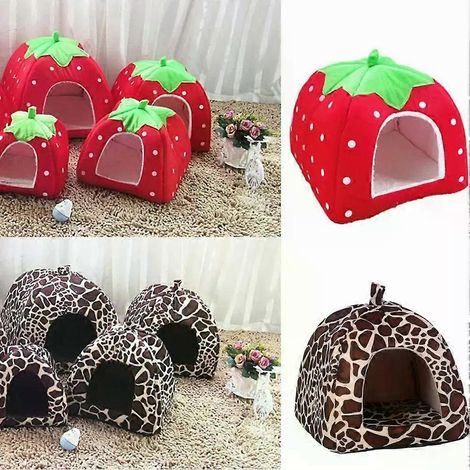 Weiches Erdbeer-Leoparden-Hundehaus-Zelt-Zwinger-Hunde-Winter-Warmkissen-Korb-Tierbett-Höhle-Haustierbedarf (1/4)