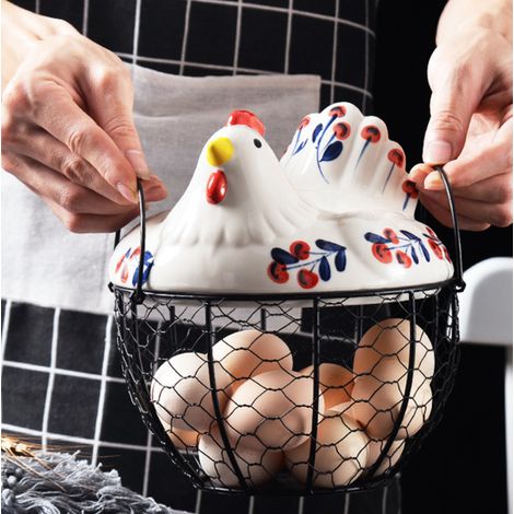 Panier à œufs en céramique Kippenontwerp, panier en fer pour 20 à 25 œufs, porte-œufs, organisateur, support à œufs (1/4)