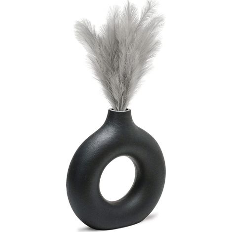 Vase, vase sec en céramique blanche fait à la main, décoration à la main pour la décoration de bureau, ensemble de vases (L, noir) (1/2)