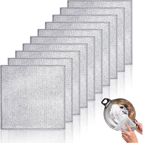Panni per piatti, 10 pezzi, per pulizia a secco e a umido, panni per la pulizia con filo d'argento, riutilizzabili, multifunzionali per la pulizia di pentole e padelle (1/5)