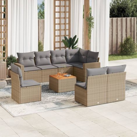 Salon de jardin 9 pièces en résine tressée avec rangement, coussins, beige - PANGIVO (1/5)
