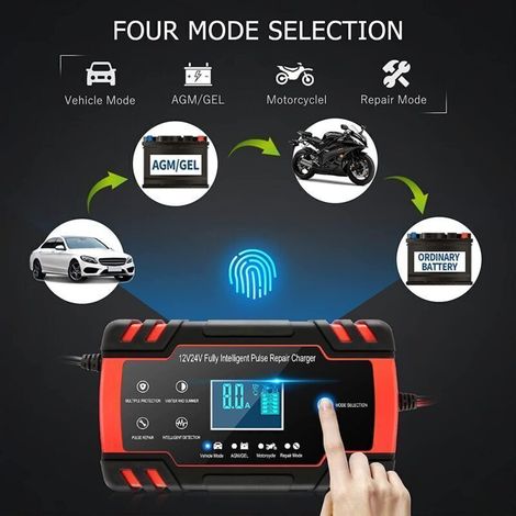 Chargeur de Batterie Intelligent 12V/24V 8A, Chargeur Batterie Mainteneur et Automatique Réparation Fonction Portable avec Écran LCD, pour Voiture Moto Camion, AGM, Gel, Wet, SLA(8-100AH) (BlackRed),T