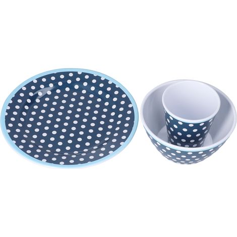 Ensemble de 3 pièces pour salade, fruits et collations : assiette, bol et tasse. Motif à pois bleu foncé. (1/5)