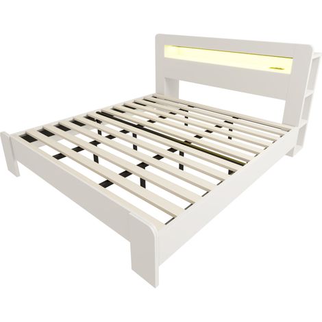 Cama plataforma de madera 180 x 200 cm con almacenamiento, LED y enchufes integrados, blanca (1/5)