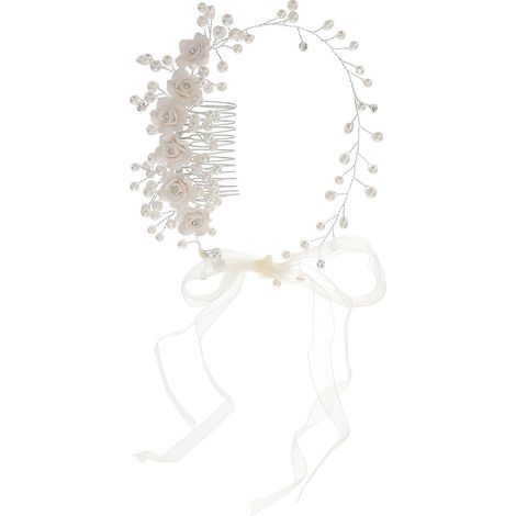 Bridesmaid Headband, White Pearl Flowers (1/5)