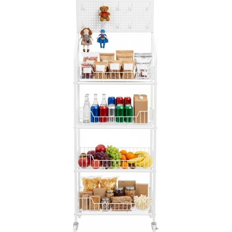 4 Tier Retail Display Rack Stand Snack Candy Display Organizer with 10 Hooks Snack Rack Basket Stand Cart Metal Wire Basket Cart with Rolling Wheels (White) (1/5)