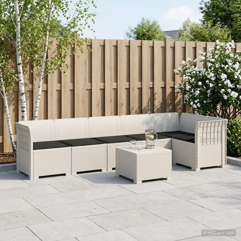 Canapé de Jardin Modulaire 6 Places Aspect Rotin PP Blanc avec Table et Coussins Anthracite - PANGIVO (1/5)