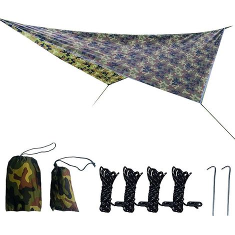 Bâche Anti-Pluie Toile de Tente Imperméable Abri de Randonnée Parasol Portable Auvent Anti UV pour Camping Trekking, Camouflage, 360x290cm (1/2)