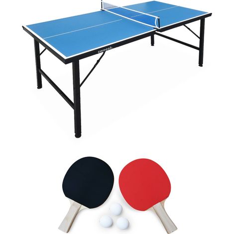 Mini table de ping pong 150x75cm - table pliable INDOOR bleue. avec 4 raquettes et 6 balles. valise de jeu pour utilisation intérieure. sport tennis de table