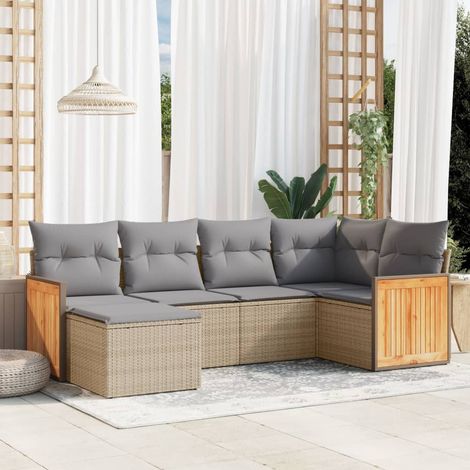 6-tlg. Garten-Sofagarnitur mit Kissen Beige Poly Rattan