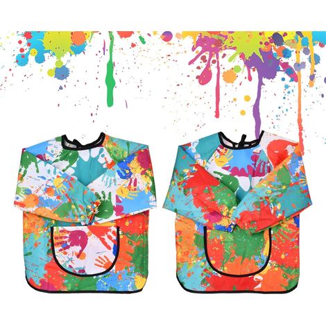 2PCS Tablier Peinture Enfant, Tablier Manches Longues Réutilisable avec Poche pour L'école Activités Peinture Cuisine Coloriage nourrissage - Age 2-7 Ans (1/5)
