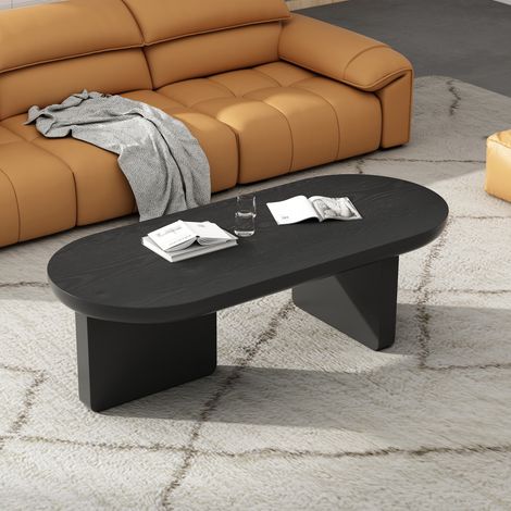 Mesa de Centro Ovalada Minimalista, con 2 Patas Cuadradas y Fieltros, 119,7 × 49,8 × 35,5 cm, MDF, Negro (1/5)