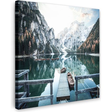TABLEAU SUR TOILE Nature - Montagnes - Neige - Forêt - Bateau Tableau Chambre Adulte 90x90 cm