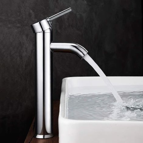 Grifo para lavabo de baño, grifo mezclador de arco alto, grifo mezclador ajustable para agua caliente y fría, latón cromado (gris plateado). DEBUNS (1/5)