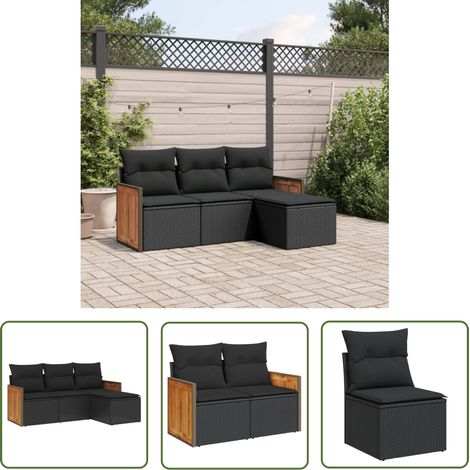The Living Store Salon de jardin 4 pcs avec coussins noir résine tressée - Ensemble Salon De Jardin - Meuble Extérieur - Mobilier De Jardin - Salon De Jardin Design - Set De Salon De Jardin (1/5)