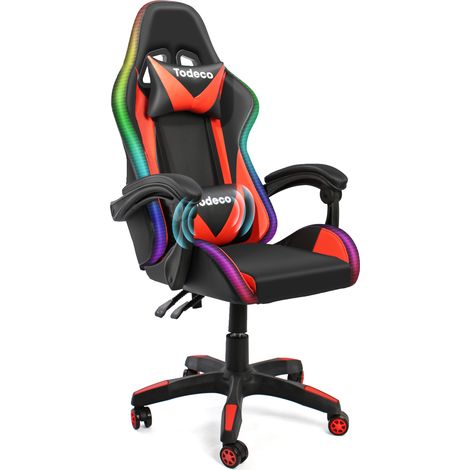 Todeco – Chaise gaming massage avec lumière LED – Dossier haut et réglable – Appui-tête et support lombaire – Cuir PVC rouge – Poids max 150 kg (1/5)