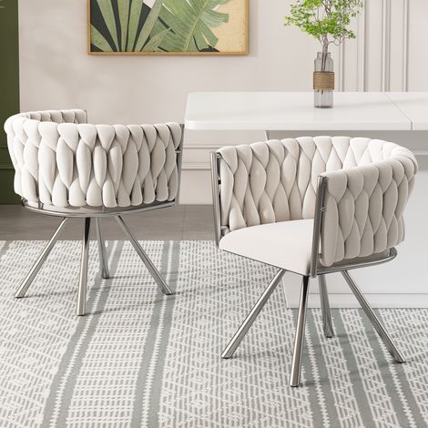 2er-Set edle Samt-Drehstühle in Beige mit silbernen Details – Wohn- und Schlafzimmer-Drehsessel, vier Metall-Stützbeine,MIVRAY