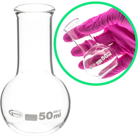 50-ml-Rundbodenkolben, Borosilikatglas 3.3, schmaler Hals, verstärkt (1/3)