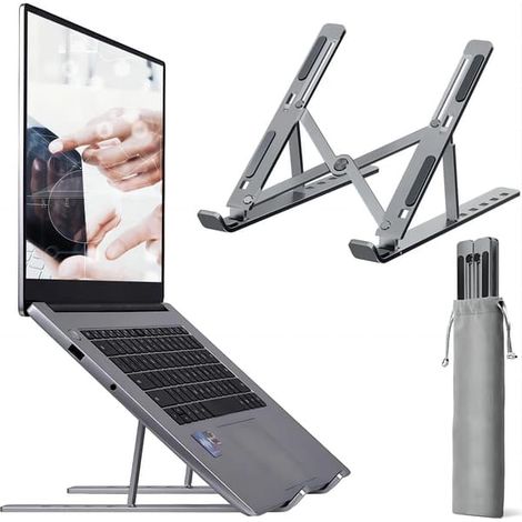 Support pour ordinateur portable gris, support de bureau réglable en hauteur sur 7 niveaux, support de refroidissement ventilé en aluminium, rehausseur pour ordinateur portable avec repose-pieds antid (1/4)