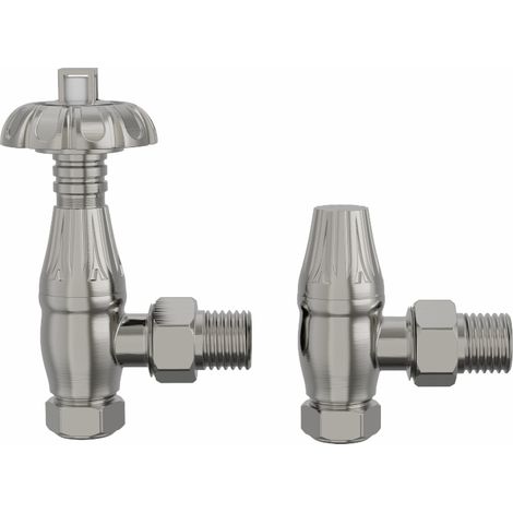 Traditional Thermostatic TRV Antique Design Angled Radiator Rad Valves Pair Satin Nickel