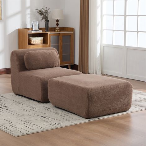 Canapé Modulable Chenille Camel - 79x177x71cm - Canapé Compression 1 Place Méridienne Mousse 30D Salon Sans Montage - Camel (1/5)