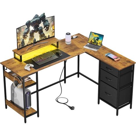 Bureau d'angle DEVAISE en L 142x118 cm avec tiroirs prises USB design rustique espace de travail idéal pour bureau à domicile (1/5)