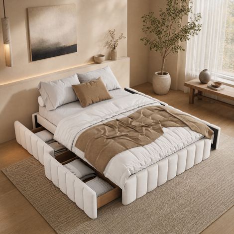 Cama 140x200 cm de terciopelo beige con almacenaje, sin colchón FloraGrace (1/5)