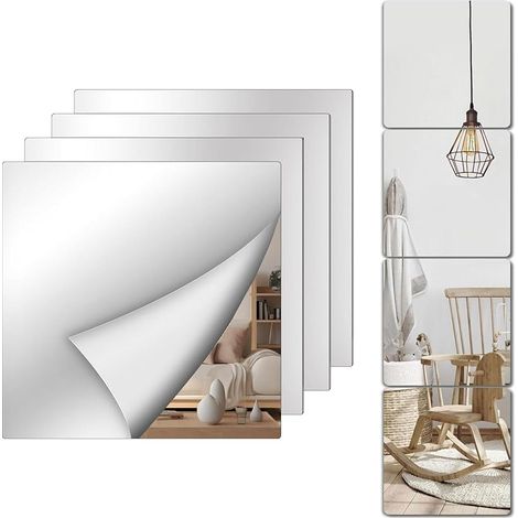 4Pc Miroir Adhesif Mural Collant 30x30cm, Feuilles Miroir Montage Autocollant Sans Verre, Miroirs Antidéflagrant Flexibles Acrylique Carrés pour Salle de Bain,Sport Salon,Chambre,Décoration Mur Maison (1/5)