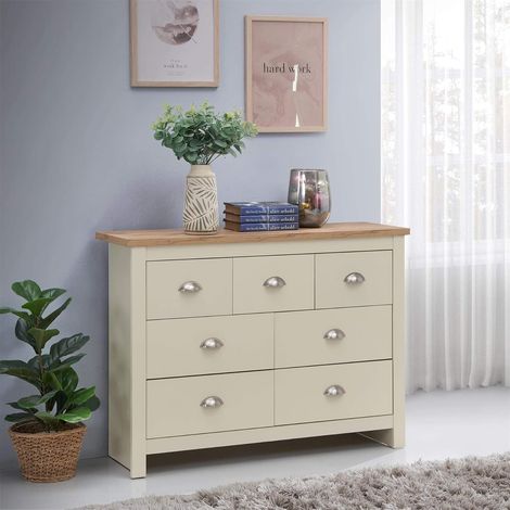 Large 7 Drawer Chest Cream Bedroom Storage Unit Oak Top