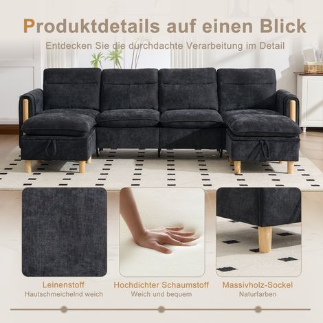 Grand canapé d'angle en U avec deux poufs de rangement  canapé modulable quatre places avec pieds de table en bois  canapé confortable en tissu, idéal pour le salon et l'espace familial (chenille noir (1/5)