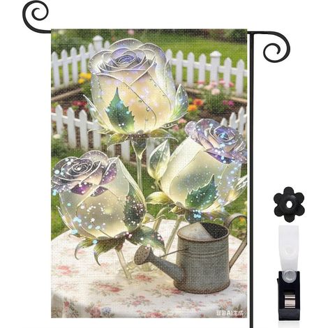 Drapeau vertical chemin de jardin et roses cristallines 30 x 45 cm décoration jardin d'été (1/5)