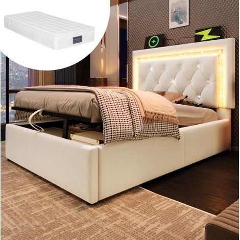 Lit coffre 90x200 cm en velours beige avec LED, USB/Type-C, sommier à lattes et matelas inclus (1/5)
