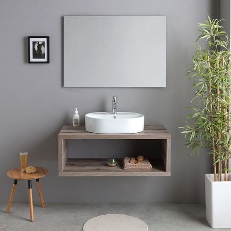 Mueble De Baño Suspendido 100Cm En Roble Fósil Con Lavabo Ovalado Kyoto (1/5)