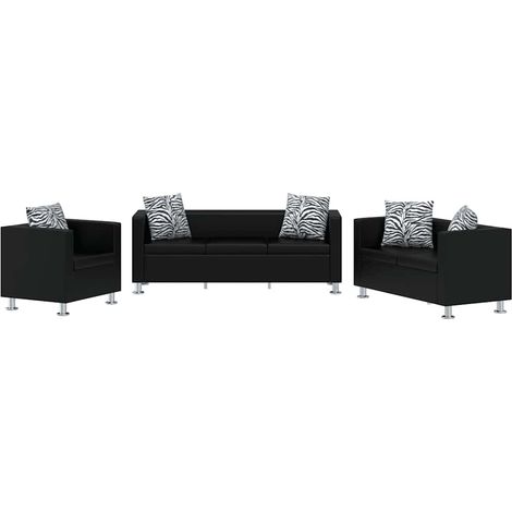 Sofa-Set Kunstleder 3-Sitzer + 2-Sitzer + Sessel Schwarz