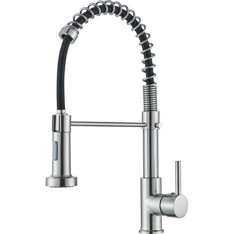 Robinet de cuisine en acier inoxydable 304, douchette extensible, mitigeur haute pression rotatif à 360°, 2 types de jet (nickel brossé) (1/5)