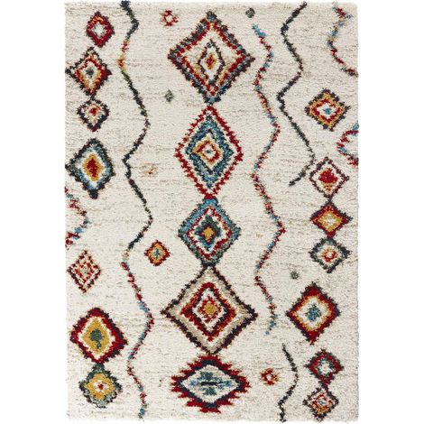 Tapis berbère 120 x 170 cm, motif berbère authentique, couleurs blanc, rouge, bleu, structure shaggy moelleuse, tissé, confort chaleureux