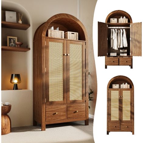 Kleiderschrank Rattan mit 2 Türen und Schubladen, 181x78x45 cm, Garderobenschrank im Landhausstil, Schrank in Walnussoptik mit Kleiderstange (1/5)