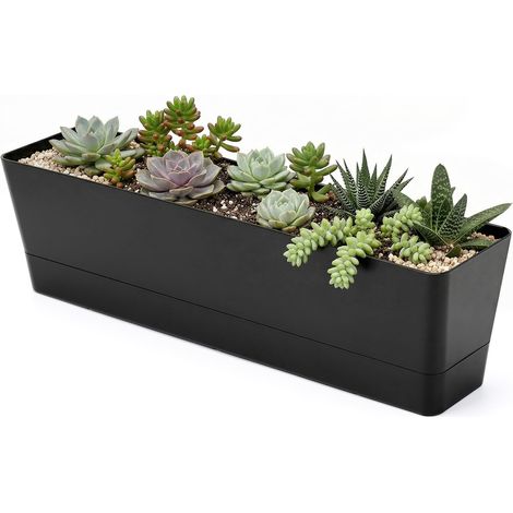 Jardinière rectangulaire en Plastique avec Plateau Amovible et Trous de Drainage pour Balcon, Bureau, Rebord de fenêtre, Jardin, intérieur et extérieur, 40,6 x 9,6 cm, Noir (1/5)