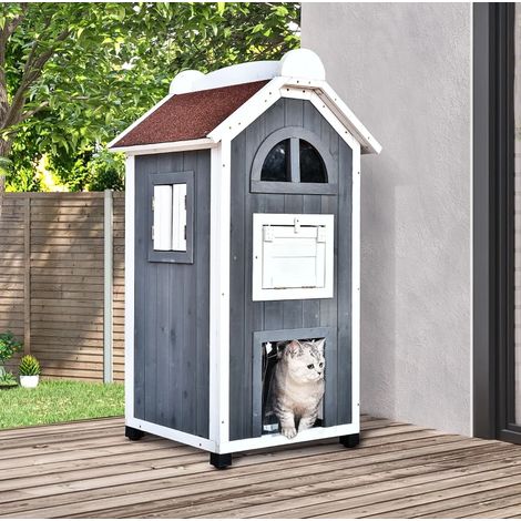 Maison pour chat 59 x 55 x 109 cm, bois de sapin, toit bitumé, gris OKMYHOME (1/5)