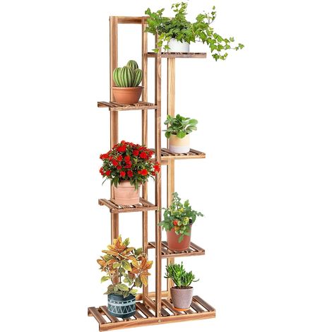 COSTWAY Pflanzenstaender freistehendes Blumenregal, Pflanzenregal Holz Blumentreppe mehrstoeckig, Holzregal Pflanzentreppe für drinnen draussen 6 Ebenen/Braun (1/5)