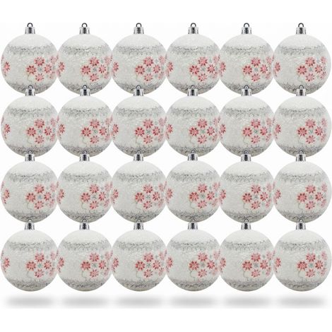 Set 24 Palline di Natale Cm 5 Sfera Albero Decorazione Natalizia Con Dettaglio di Neve Motivo Bianco Rosso e Grigio Stile Nordico per Addobbi Feste Vetrine ghirlande (1/5)