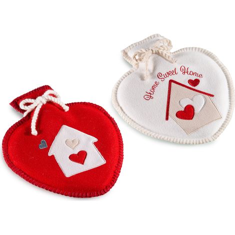 Borse dell'acqua calda con rivestimento in tessuto rosso e bianco, e ricami casetta con scritta Home Sweet Home, set da 4 pezzi, cm 24 x 27 H