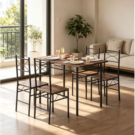 Table et 4 chaises salle à manger 110x70x76 cm MDF métal brun, facile à monter FloraGrace (1/5)