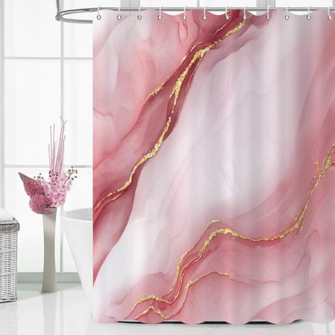 Rideau de douche, 180x180 cm, dégradé rose avec marbre doré - Moderne art - Tissu imperméable - Rideau de bain lavable en machine avec crochets (1/5)