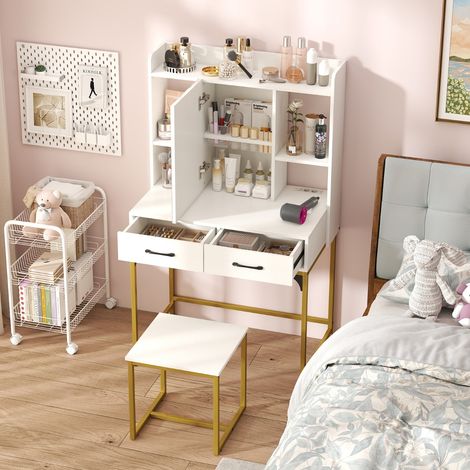 Ensemble de Coiffeuse avec Miroir & Station de Charge Tiroirs Étagères Ouvertes et Armoire à Miroir pour Chambre à Coucher Blanc (1/3)