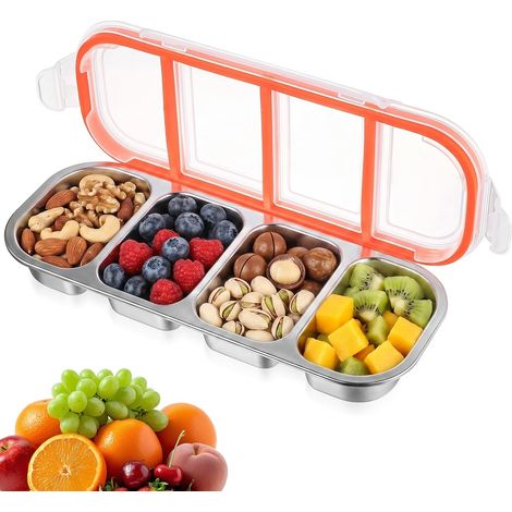 Boîte à Snacks avec Couvercle, 500ml Boîte à Lunch en Acier Inoxydable avec 4 Compartiments, Plateau Repas Divisé Portable pour Fruits Noix Desserts Pique-nique Camping Bureau Boîtes à Goûter (1/5)