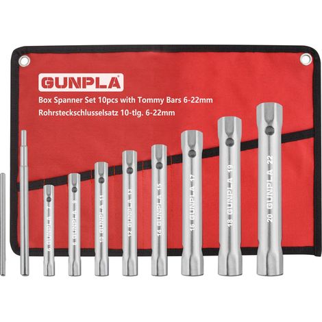 Jeu de 10 Clés a Douille Tubulaires avec 2 Barres Tommy, Kit Clé Monobloc Multi-Tailles Métriques 6x7mm – 20x22mm Clés a Double Extrémité Robustes Outils de Plombier Robinets (1/5)