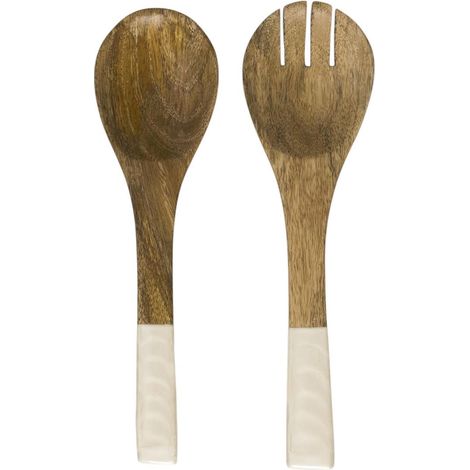 Couverts à salade en bois de manguier avec manche texturé nid d'abeille beige (1/5)