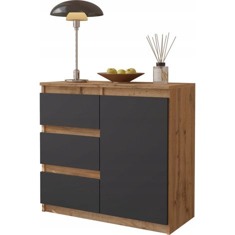 Commode en chêne WOTAN / Anthracite, 3 tiroirs, 1 porte, étagère, meuble de 80 cm pour salon (1/5)